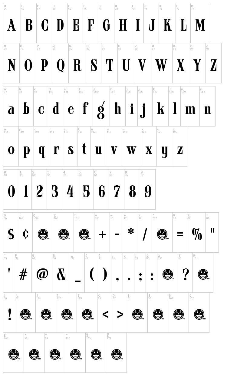 ARB 08 Extreme Roman AUG-32 CAS font map